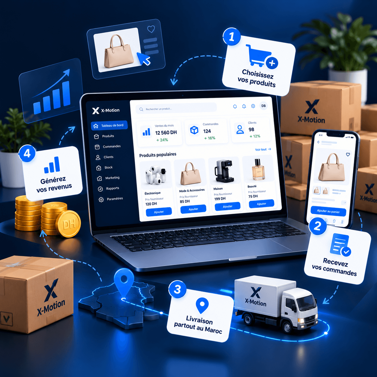 Les 4 étapes X-Motion : choisir vos produits, recevoir vos commandes, livraison partout au Maroc, générer vos revenus